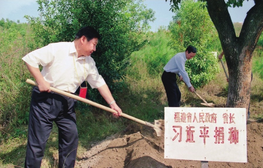 2001年10月，習(xí)近平在龍巖市長汀縣調(diào)研水土流失治理工作，在河田世紀(jì)生態(tài)園為樹培土。圖源：《習(xí)近平在福建（下）》
